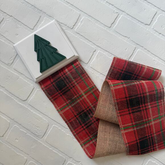 Holiday Card Holder Wooden Topper Green Christmas Tree Red Plaid Wide Ribbon - Picture 2 of 6